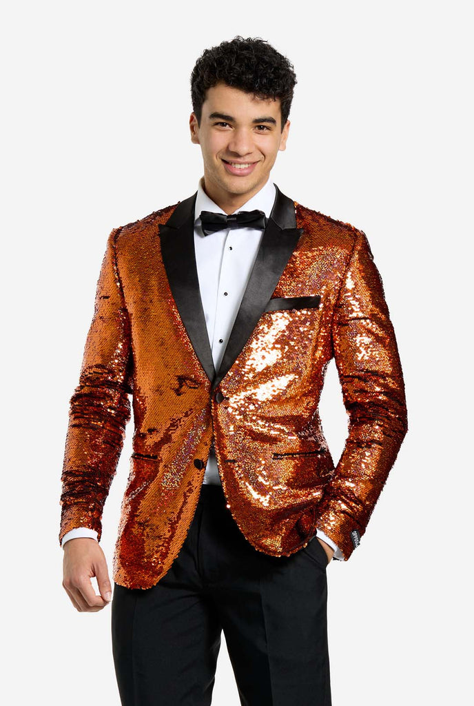 Men wearing tuxedo with orange sequins jacket