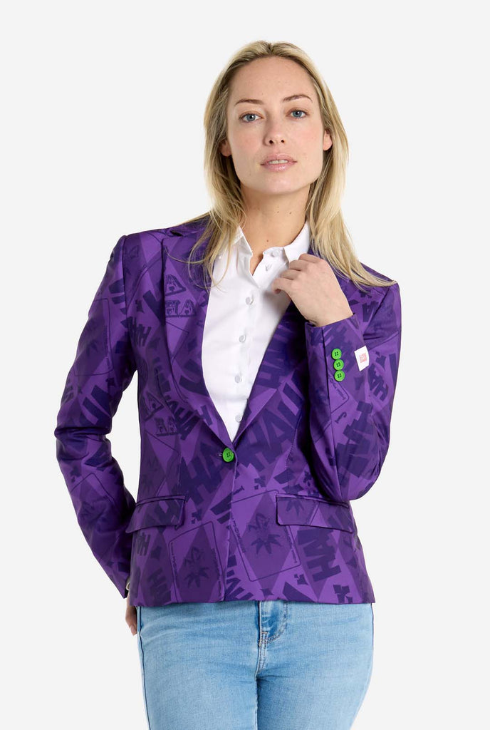 Vrouw draagt paarse The Joker Themed dames blazer