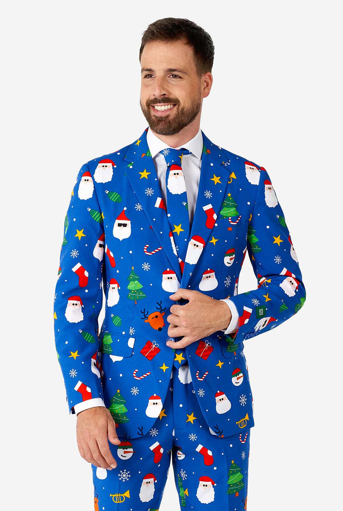 Filmpje van man die een OppoSuits Festivity Blue blauw heren Kerstpak draagt.