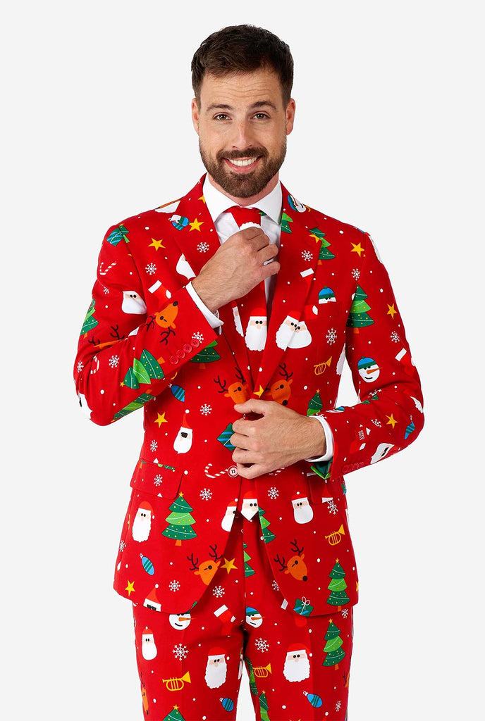 Filmpje van man die een OppoSuits Festivity Red rood heren Kerstpak draagt.